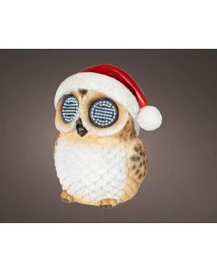 Koel wit LED polyhars uil H: 13.5 cm met knipperende ogen op batterij