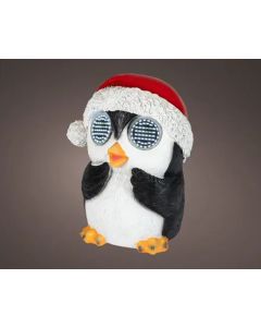 Koel wit LED polyhars pinguïn H: 13.5 cm met knipperende ogen op batterij
