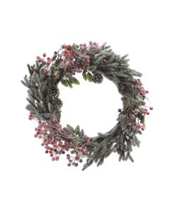 Krans frosted met rode bessen en dennenappels Ø 60 cm