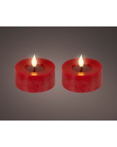 Rood LED realistische theelichten wax rustiek set van 2 stuks met pit en vlameffect Ø 7.5 x H 6 cm