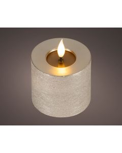 Licht grijs LED realistische kaars wax rustiek met pit en vlameffect Ø 7.5 x H 9.5 cm