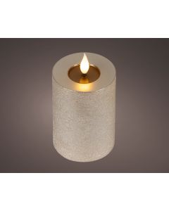 Licht grijs LED realistische kaars wax rustiek met pit en vlameffect Ø 7.5 x H 13.5 cm