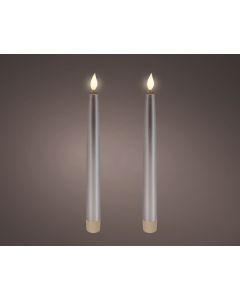 Licht grijs LED realistische dinerkaarsen wax set van 2 stuks met vlameffect