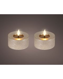 Licht grijs LED realistische theelichten wax rustiek set van 2 stuks met pit en vlameffect Ø 7.5 x H 6 cm