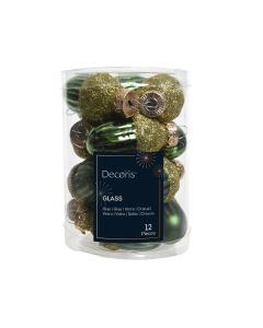 12 Glazen eikels met dop 3 x 4 cm dennen groen