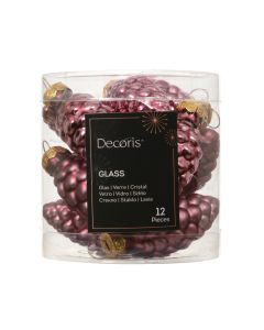 12 Glazen dennenappels dia 2.5 x H 6 cm donker roze