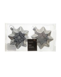 2 Glazen kerststerren met bloem deco L 8 x B 4 x H 8 cm zilver