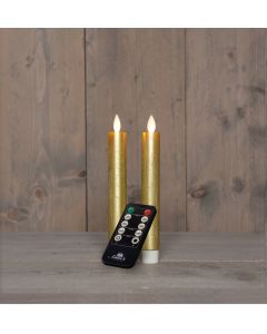 Goud LED dinerkaarsen wax met USB kabel en bewegende vlam 2 stuks H 18 cm