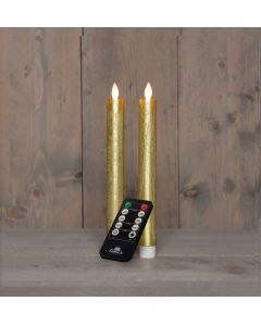 Goud LED dinerkaarsen wax met USB kabel en bewegende vlam 2 stuks H 23 cm